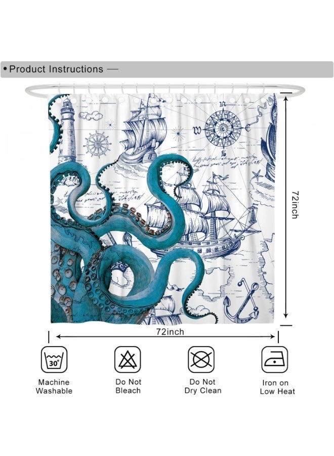 Blue Nautical Octopus Shower Curtain Set, Funny Ocean Shower Curtains For Bathroom, Cool Beach Coastal Octopus Decor Polyester Fabric-71" X 71" - Image 5