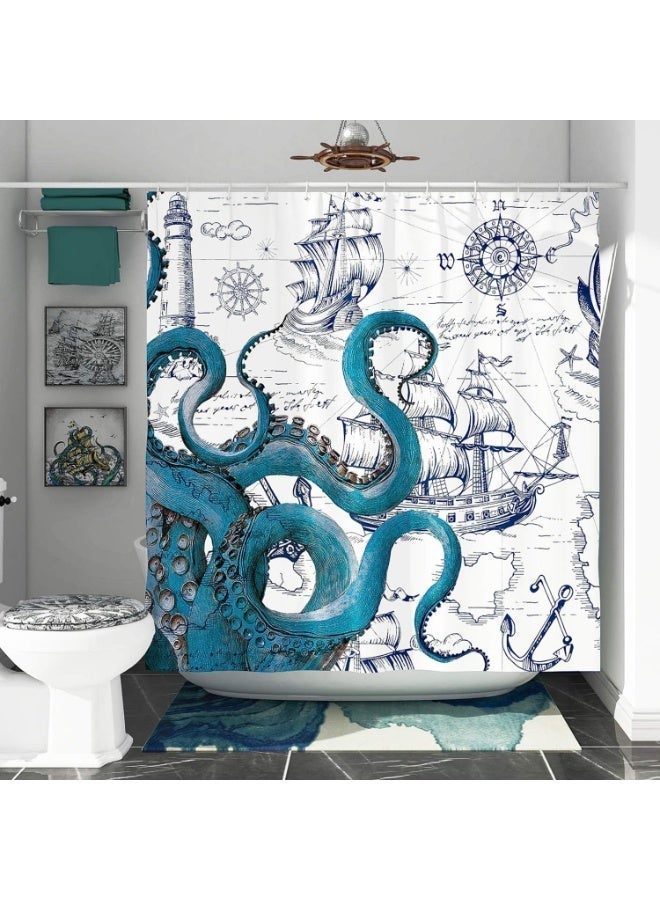 Blue Nautical Octopus Shower Curtain Set, Funny Ocean Shower Curtains For Bathroom, Cool Beach Coastal Octopus Decor Polyester Fabric-71" X 71" - Image 3