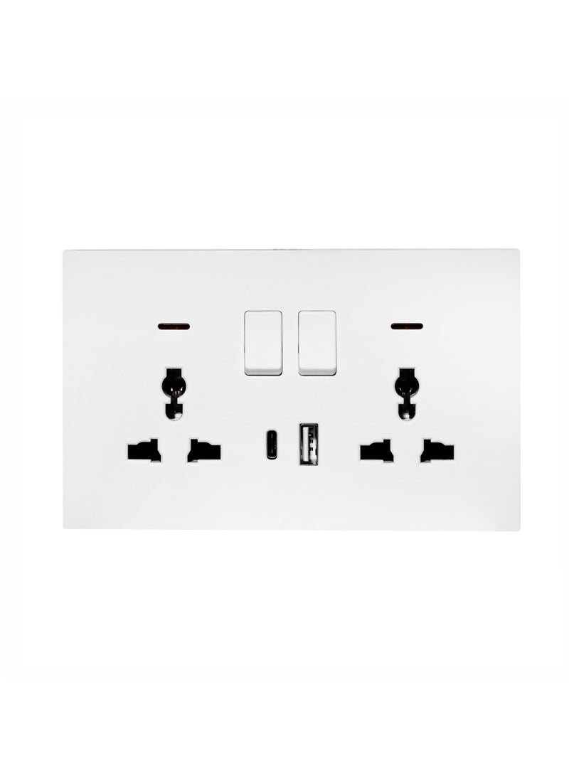 Donmarco Ultra Thin 2 Gang Double MF Socket 13A with USB + Type-C Ports (5V 3.1A) – Fire-Resistant Electric Outlet , 3-Year Warranty , Sleek Plastic Design (Matt White) | Wall Socket Power Outlet - Image 1