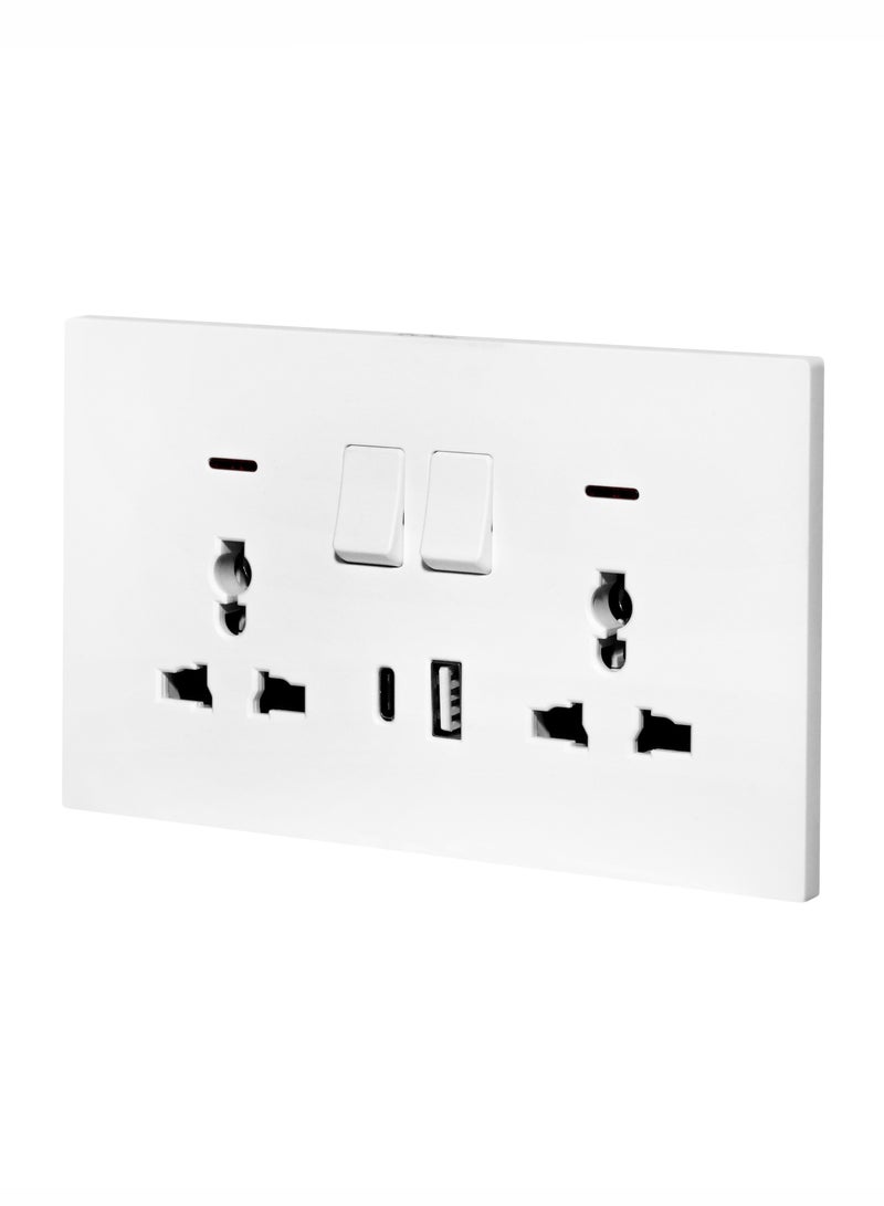 Donmarco Ultra Thin 2 Gang Double MF Socket 13A with USB + Type-C Ports (5V 3.1A) – Fire-Resistant Electric Outlet , 3-Year Warranty , Sleek Plastic Design (Matt White) | Wall Socket Power Outlet - Image 2