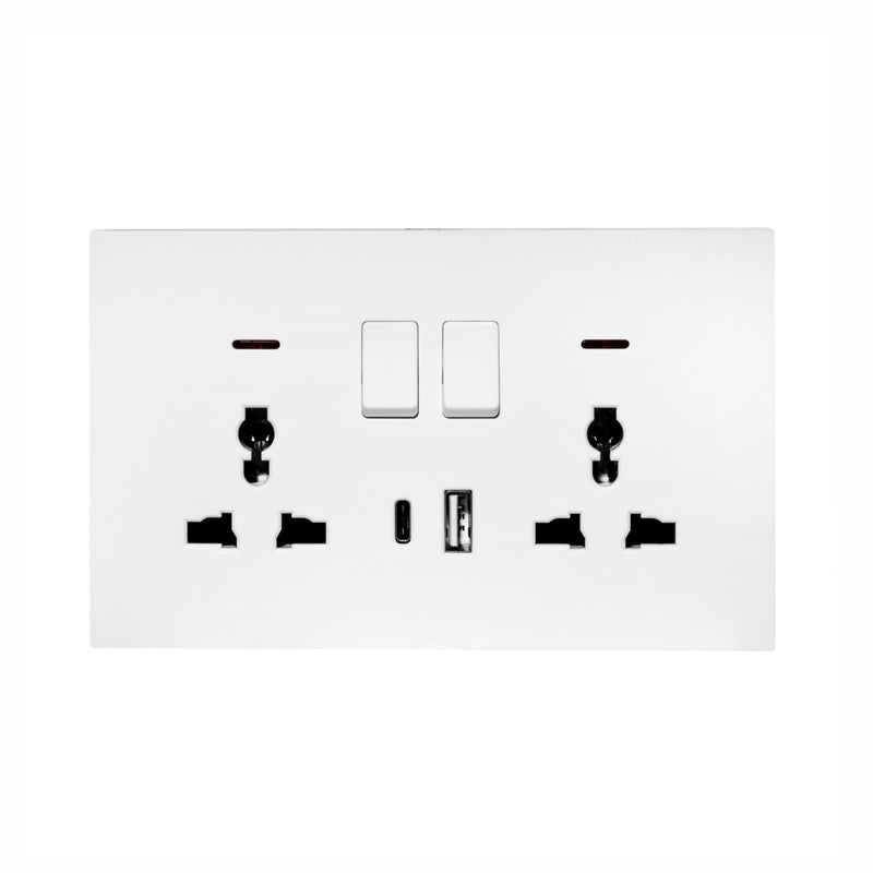 دونماركو مقبس حائط مزدوج MF فائق الرقة 13A مع منافذ USB + Type-C (5V 2.1A) – تصميم بلاستيكي أنيق للمنازل والمكاتب باللون الأبيض غير اللامع - Image 1