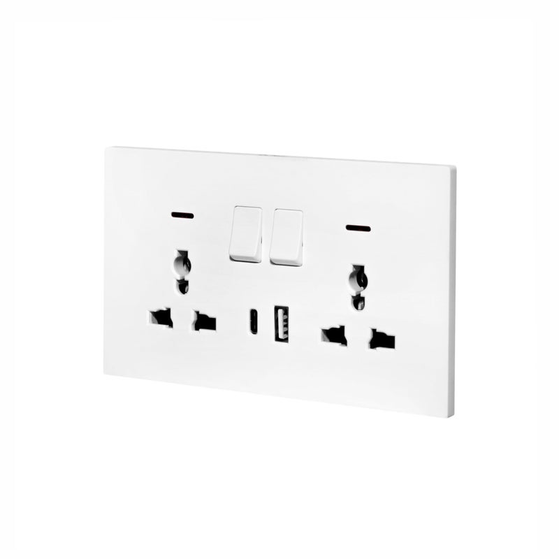 دونماركو مقبس حائط مزدوج MF فائق الرقة 13A مع منافذ USB + Type-C (5V 2.1A) – تصميم بلاستيكي أنيق للمنازل والمكاتب باللون الأبيض غير اللامع - Image 2