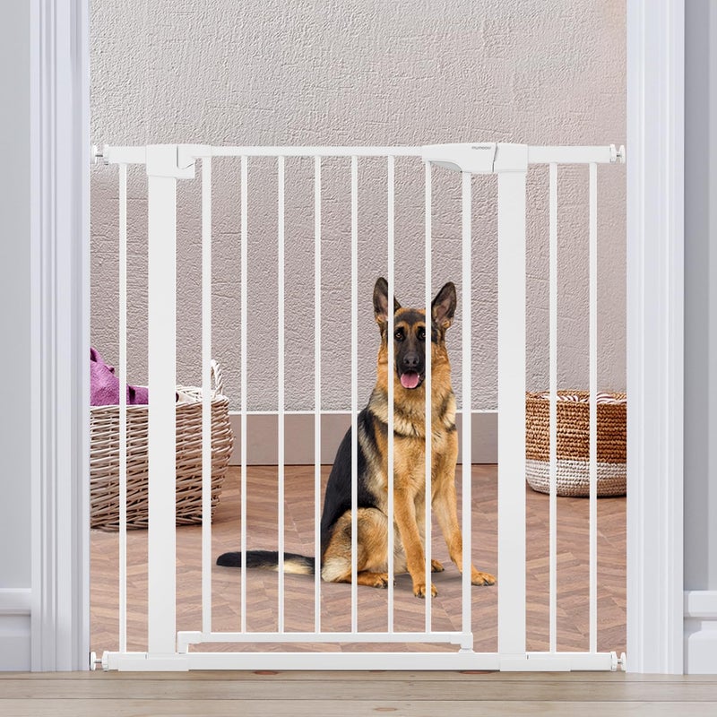 Mumeasy 36 High Extra Tall Dog Gate 296405 Wide Pressure Mounted Tall Baby Gate for Dog Auto Close Pet Gate with Door for StairsDoorwaysHouseWhite