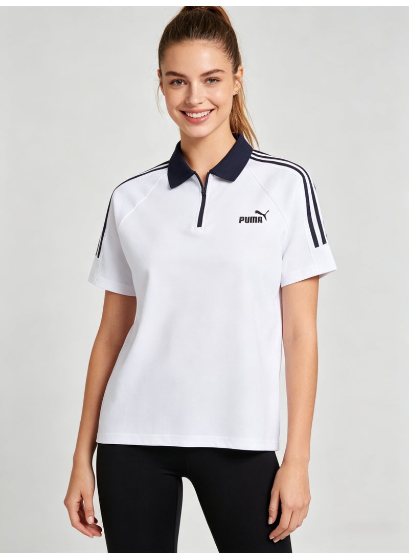 بوما PUMA Women’s Quarter-Zip Striped Short-Sleeve Polo Shirt, White with Navy Accents - Image 1