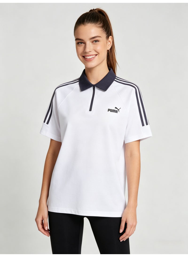 بوما PUMA Women’s Quarter-Zip Striped Short-Sleeve Polo Shirt, White with Navy Accents - Image 2