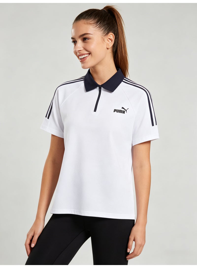 بوما PUMA Women’s Quarter-Zip Striped Short-Sleeve Polo Shirt, White with Navy Accents - Image 4