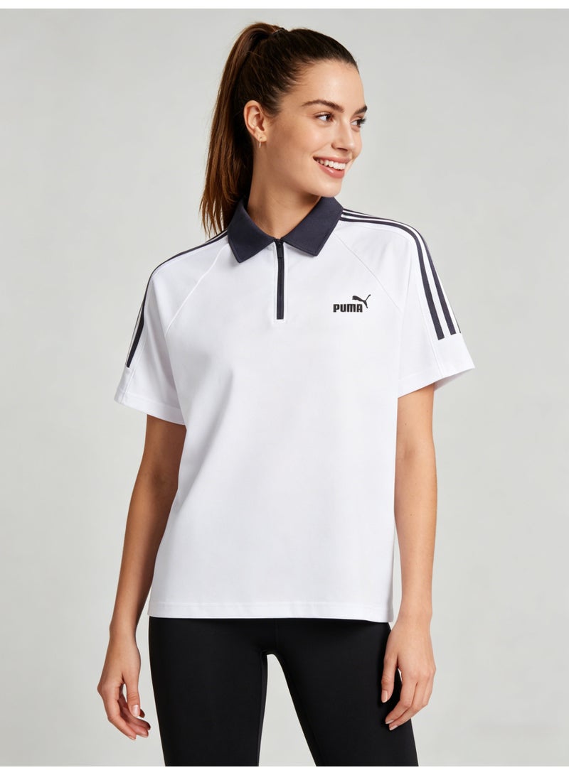 بوما PUMA Women’s Quarter-Zip Striped Short-Sleeve Polo Shirt, White with Navy Accents - Image 5