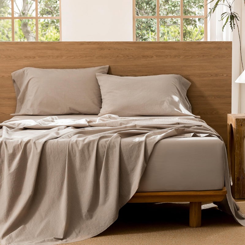 MooMee Bedding Sheet Set 100% Washed Cotton Linen Like Textured Breathable Durable Soft Comfy (Heathered Taupe, Queen) - Image 5
