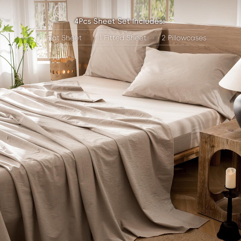 MooMee Bedding Sheet Set 100% Washed Cotton Linen Like Textured Breathable Durable Soft Comfy (Heathered Taupe, Queen) - Image 2