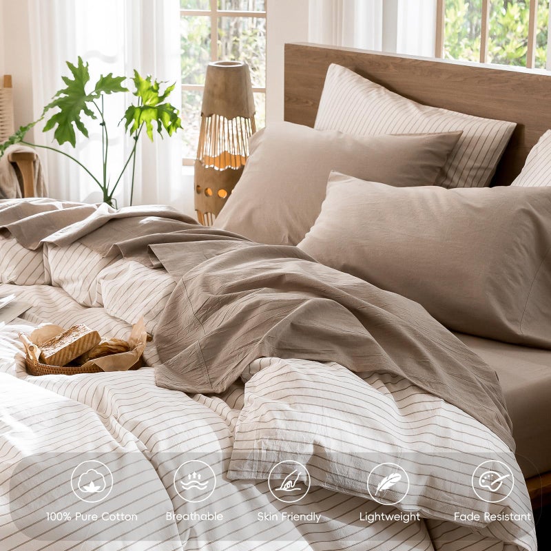 MooMee Bedding Sheet Set 100% Washed Cotton Linen Like Textured Breathable Durable Soft Comfy (Heathered Taupe, Queen) - Image 4
