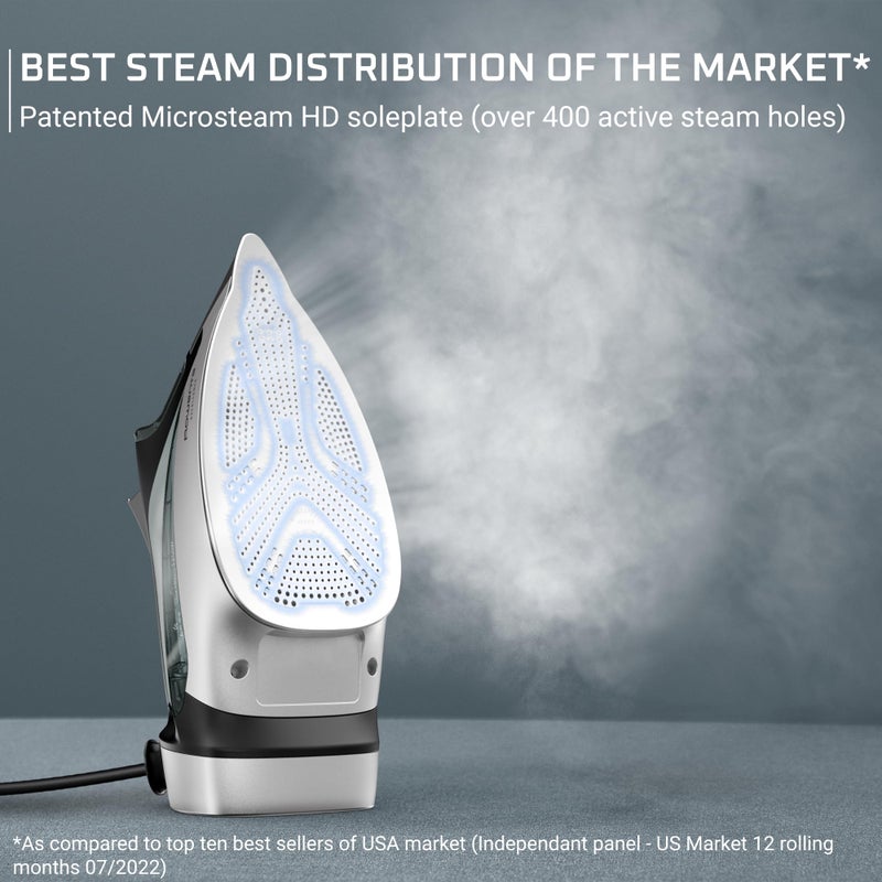 Rowenta Iron, Focus Excellence Stainless Steel Soleplate Steam Iron for Clothes, Retractable Cord, 400+ Microsteam Holes, Powerful steam, LED Display, 1750 W Ironing Clothes, Cordreel, Green DW5432 - Image 3