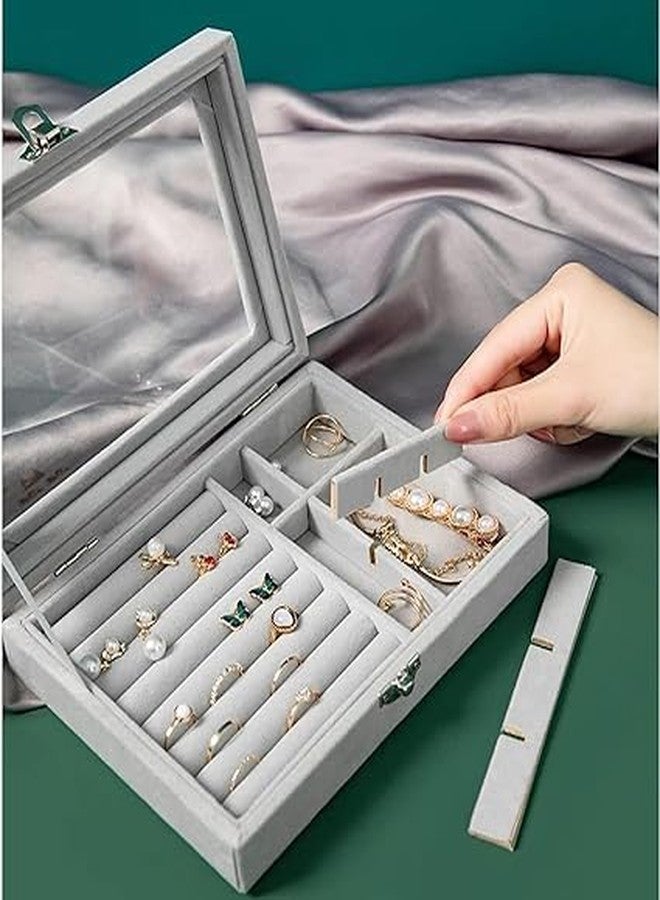 NVF Jewellery Box for Women | Velvet Clear Lid Jewelry Organizer | Ring Earring Bracelets Jewelry Storage Case | Rings Storage Clear Acrylic Jewellery Box Earring Holder - Image 3