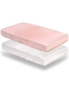 SiinvdaBZX SiinvdaBZX 2 Pcs Satin Mini Crib Sheets 38 x 24In, Silky Soft Mini Portable Crib Sheets Mattress Cover Portable Playard Sheets with 5In Deep Pocket, Great for Baby Hair (Pink & White)  - Image 1