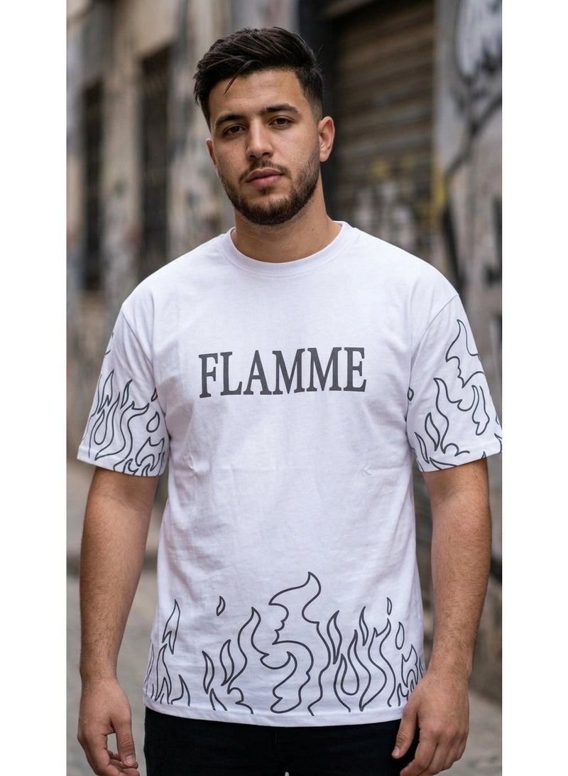 Men's Oversized Flame Print T-Shirt - Comfortable Loose Fit Cotton - Image 1