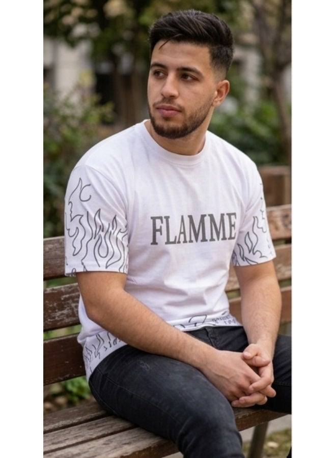 Men's Oversized Flame Print T-Shirt - Comfortable Loose Fit Cotton - Image 2