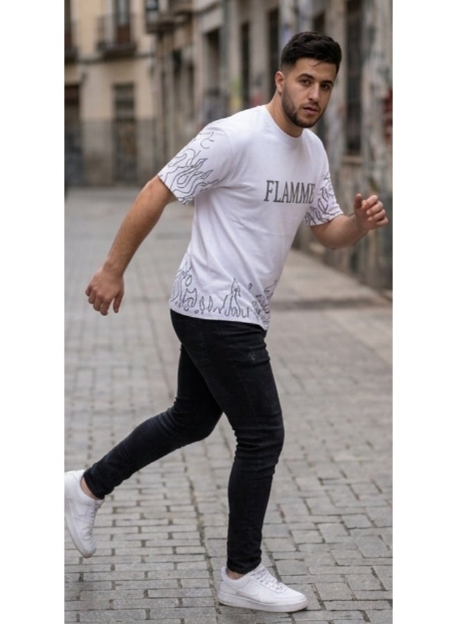 Men's Oversized Flame Print T-Shirt - Comfortable Loose Fit Cotton - Image 3