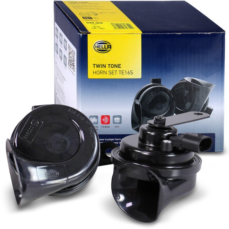 HELLA 3FH 012 010-041 Trumpet Horn - TE16S - 12V - 110dB(A) - Frequency Range: 400/500Hz - Electric - Housing Colour: Black - Plug: BMW - Set - Image 1