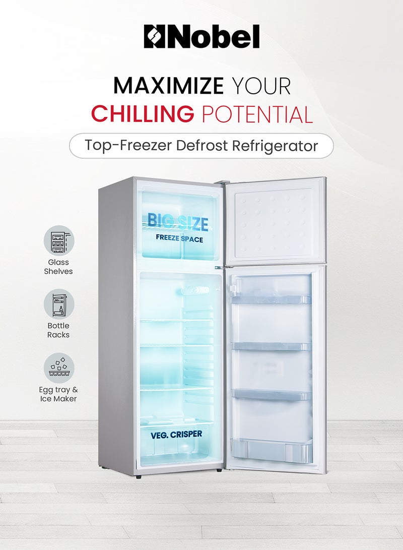 Nobel 300 L Gross / 213 L Net, Double Door Refrigerator, Defrost, R600a Refrigerant, 3 Star Esma,  Temperature Control, Inside Light, Outside Condenser, Vegetable Crisper, Glass Shelfs, Egg Tray and Bottle racks 213 L NR300SI Inox Colour - Image 2
