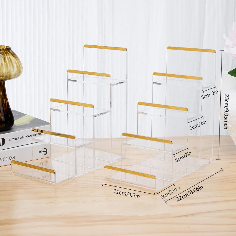 SHUNKAIZS Purse Display Stands, 2 Pack 4-Tier Acrylic Wallet Holder Risers Stand, 2-Inch Spacing Clear Clutch Rack Handbag Display Shelf, 4MM Thick Counter Wallet Organizer for Figure Sunglasses Retail Vendor - Image 3