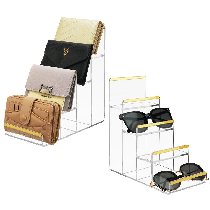 SHUNKAIZS Purse Display Stands, 2 Pack 4-Tier Acrylic Wallet Holder Risers Stand, 2-Inch Spacing Clear Clutch Rack Handbag Display Shelf, 4MM Thick Counter Wallet Organizer for Figure Sunglasses Retail Vendor - Image 1