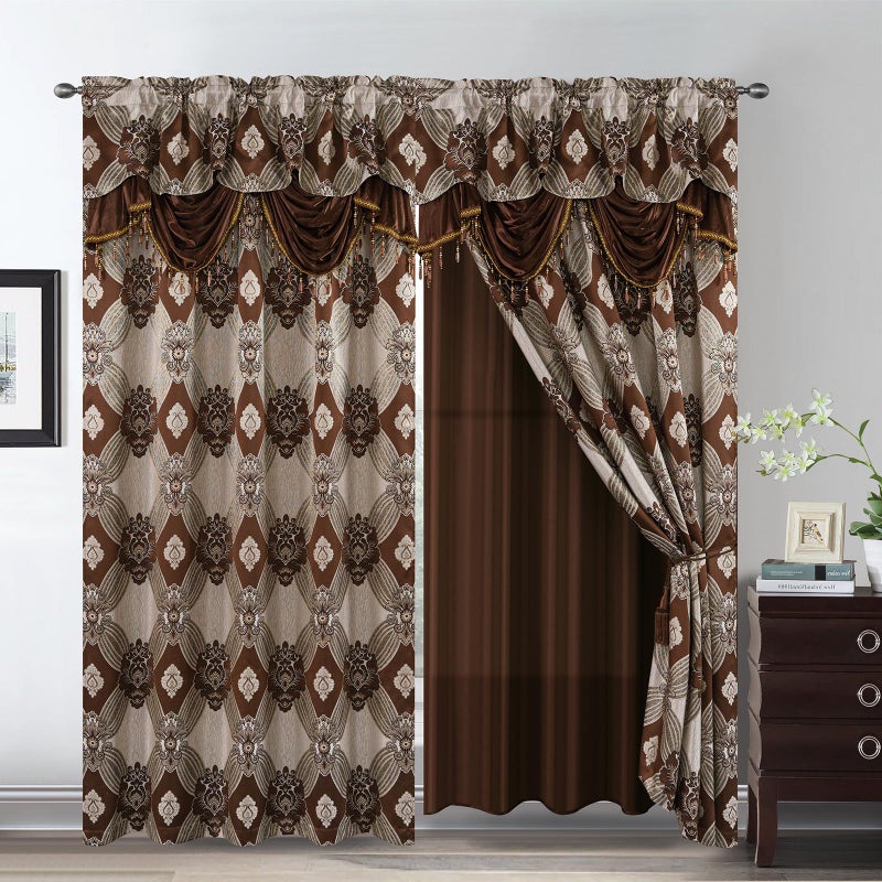 Petrichor Elegant Curtains with Gold Silver Threads 2 Panels Set - Luxury Window Treatment Attached Valance, Sheer Backing, and 2 Tie Backs for Bedroom and Living Room, 54x84 inches,Coffee - Image 1