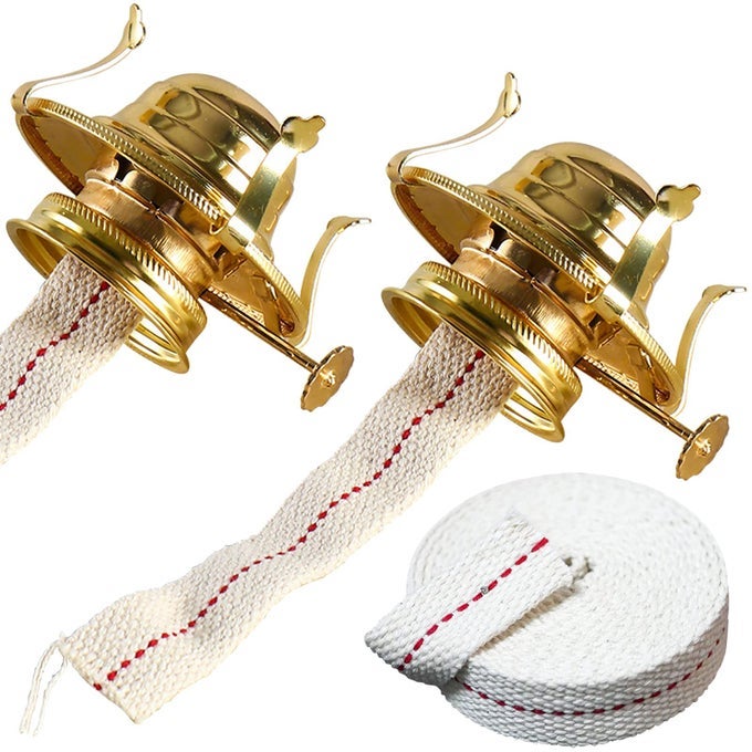 OIL LAMP BURNER 2 SET WITH REDUCTION COLLAR AND COTTON WICK 39 INCH WICK REPLACEMENT PARTS FOR KEROSENE OR VINTAGE LAMPS BRASS