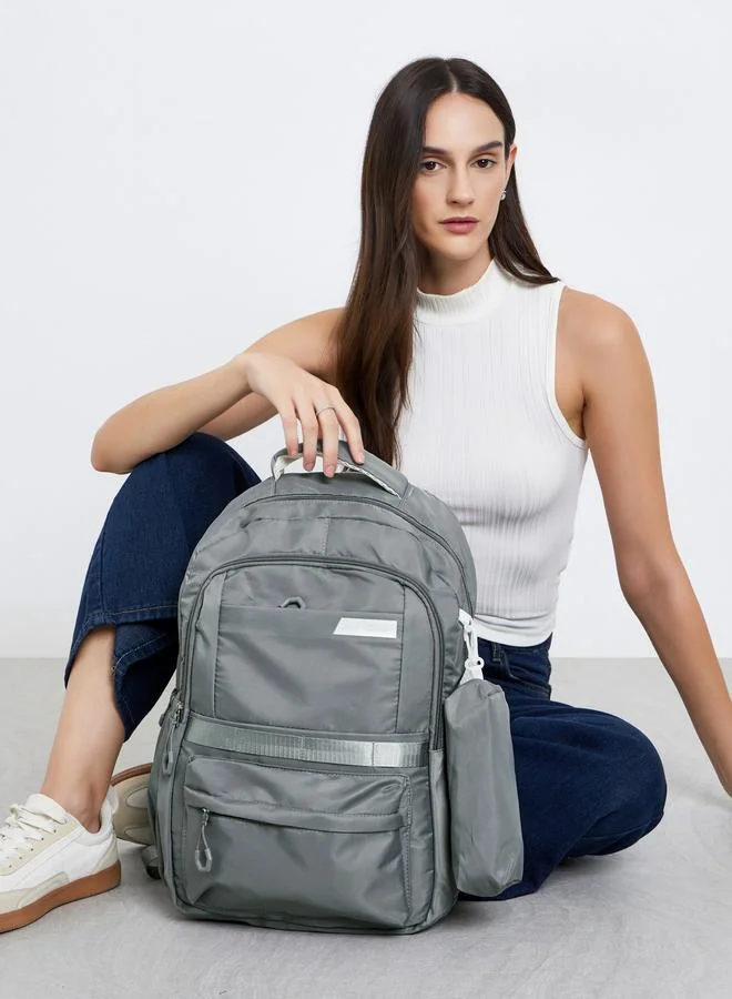 Styli Women Grey Zip Pocket Backpack with Pouch