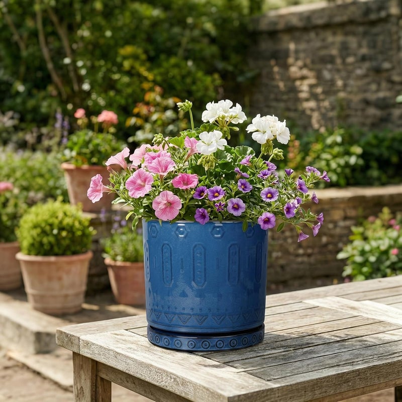 Eightpot Ceramic Planter, 6 Inch Plant Pot with Drainage Hole and Tray, Round Flower Pots for Indoor Outdoor Plants, Boho Decorative Pots for Plants, Bookshelf Decor, House Warming Gift, Blue - Image 3