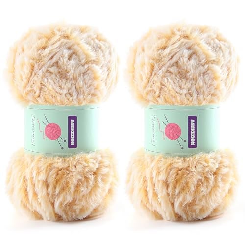 DAERBOF 2 Skeins Soft Chunky Fluffy Fuzzy Faux Fur Yarn for Crocheting Eyelash Furry Yarn for Knitting Blankets Scarves and Sweaters 35 Oz75 Yards Per RollYellow White - Image 1