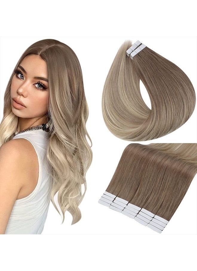 Full Shine Tape in Extensions Human Hair 20 Inch Ombre Tape in Hair Extensions 20 pcs Color 8 Ash Brown Fading to 60 Platinum Blonde and 18 Ash Blonde Hair Extensions 50g Invisible Tape  - Image 1