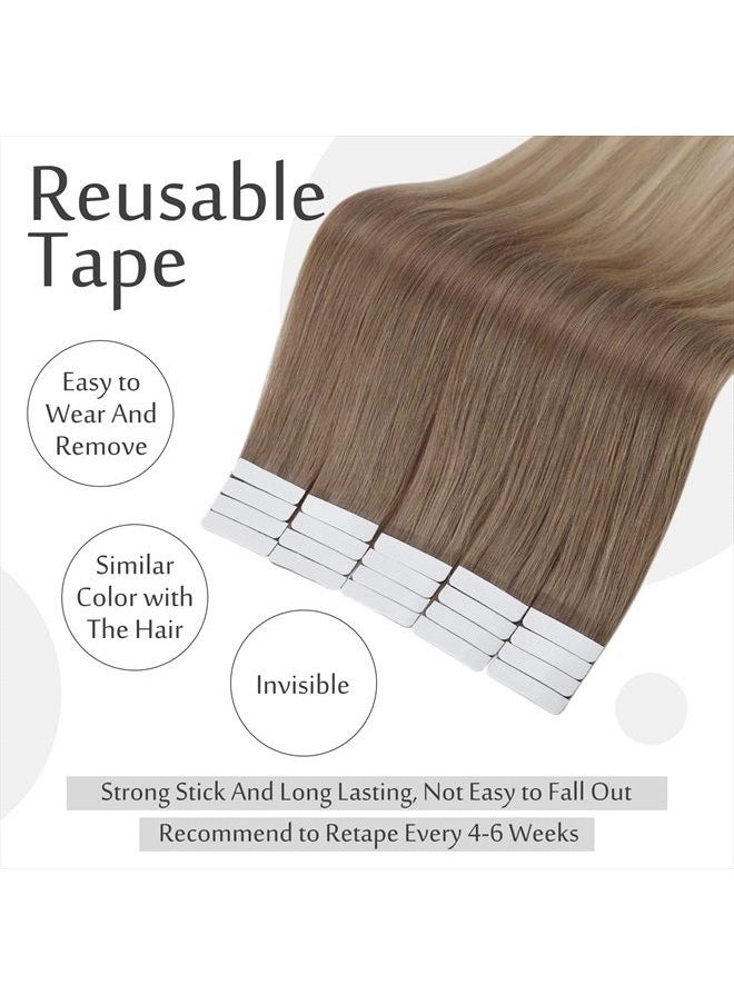 Full Shine Tape in Extensions Human Hair 20 Inch Ombre Tape in Hair Extensions 20 pcs Color 8 Ash Brown Fading to 60 Platinum Blonde and 18 Ash Blonde Hair Extensions 50g Invisible Tape  - Image 3