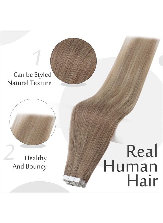 Full Shine Tape in Extensions Human Hair 20 Inch Ombre Tape in Hair Extensions 20 pcs Color 8 Ash Brown Fading to 60 Platinum Blonde and 18 Ash Blonde Hair Extensions 50g Invisible Tape  - Image 2