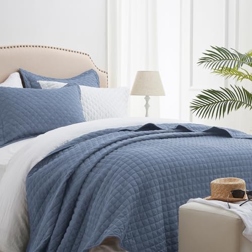 SunStyle Home Twin Quilt Bedding Set Blue, Lightweight Comforter Bedspread Blanket Twin Size Quilt, Durable Quilted Stitching Coverlet with 1 Pillow Sham in Diamond Pattern All Seasons 2pcs Kids - Image 1