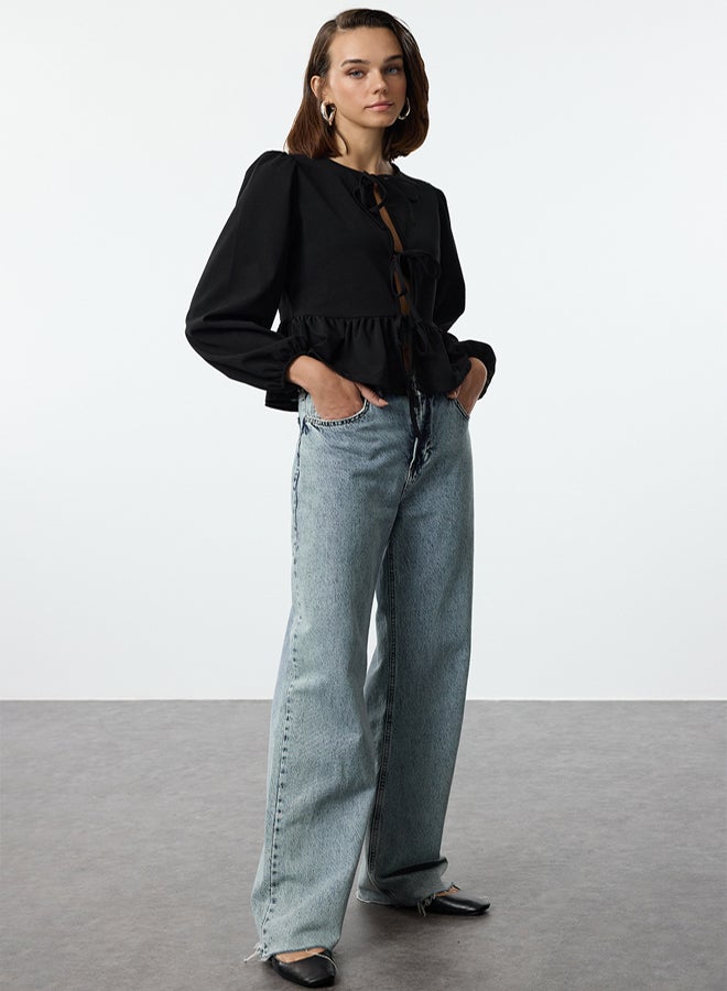 trendyol Black Tie Detailed Regular/Normal Pattern Flexible Knitted Blouse TWOAW25BZ00230 - Image 2