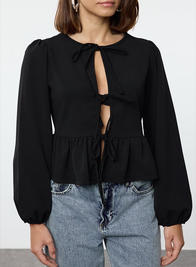 trendyol Black Tie Detailed Regular/Normal Pattern Flexible Knitted Blouse TWOAW25BZ00230 - Image 3