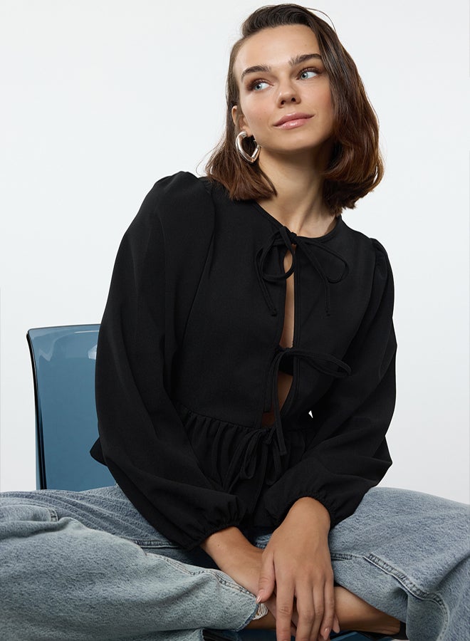 trendyol Black Tie Detailed Regular/Normal Pattern Flexible Knitted Blouse TWOAW25BZ00230 - Image 1