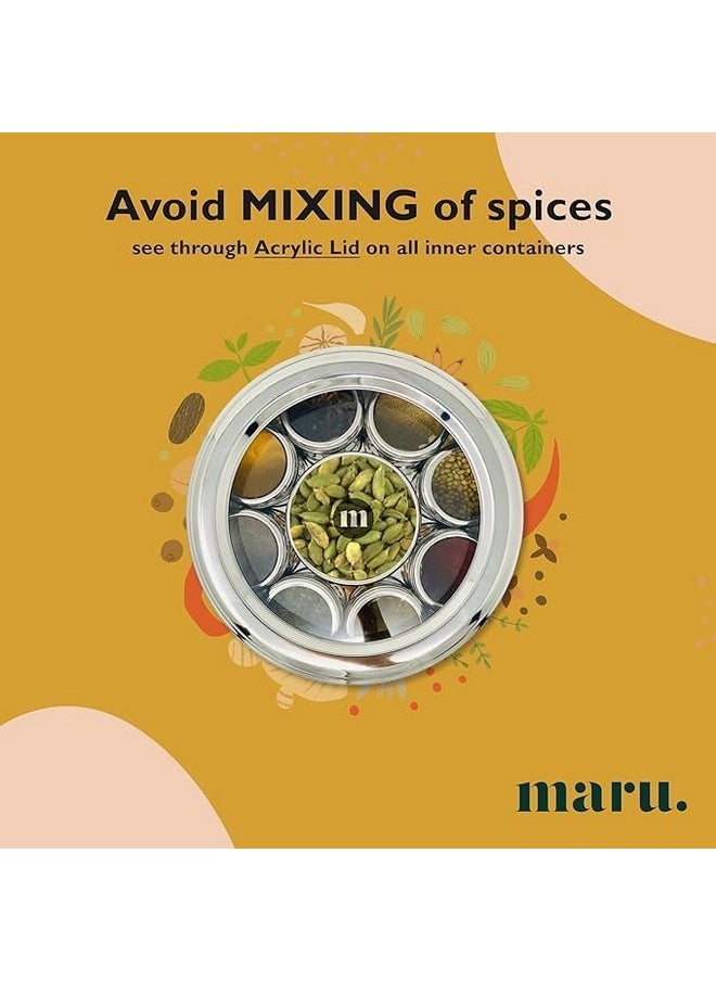 MARU MARU 9 in 1 Spice Box Stainless Steel stylish Extra Large | Masala Box for Kitchen Steel | Masala Dabba Steel | Masala Dani for Kitchen | See through lid 9 containers, 3 Spoons(22.5cms) Silver  - Image 5