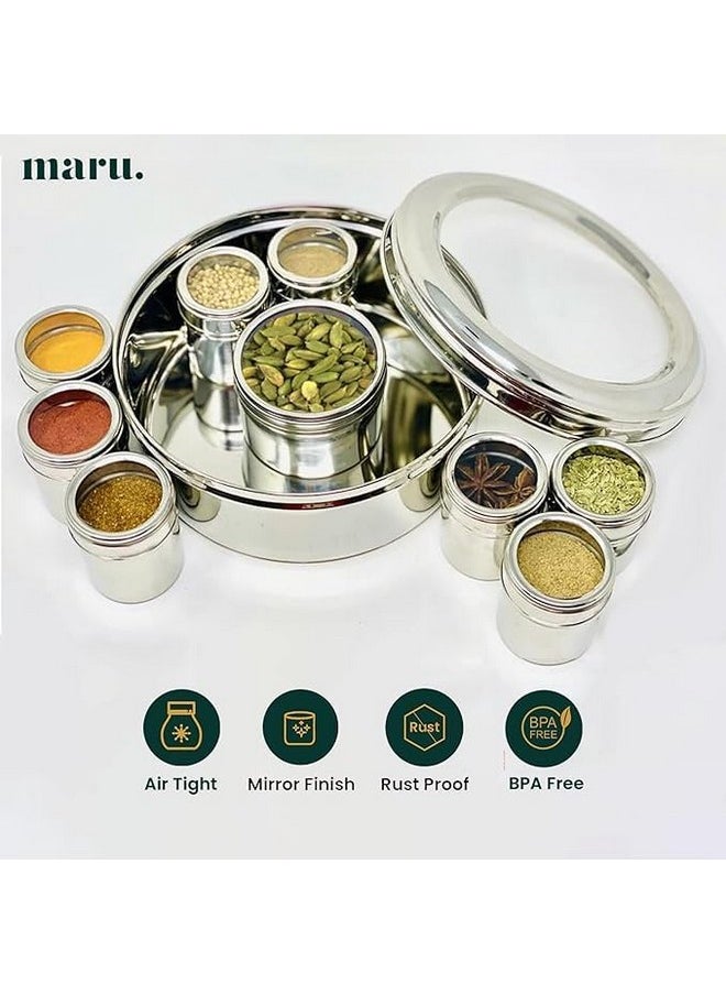 MARU MARU 9 in 1 Spice Box Stainless Steel stylish Extra Large | Masala Box for Kitchen Steel | Masala Dabba Steel | Masala Dani for Kitchen | See through lid 9 containers, 3 Spoons(22.5cms) Silver  - Image 4