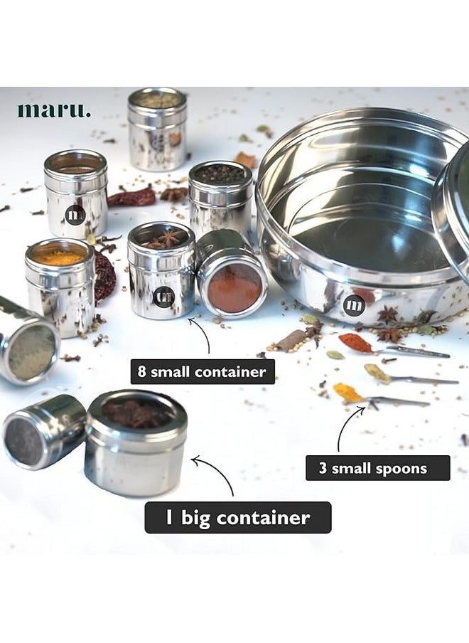 MARU MARU 9 in 1 Spice Box Stainless Steel stylish Extra Large | Masala Box for Kitchen Steel | Masala Dabba Steel | Masala Dani for Kitchen | See through lid 9 containers, 3 Spoons(22.5cms) Silver  - Image 3