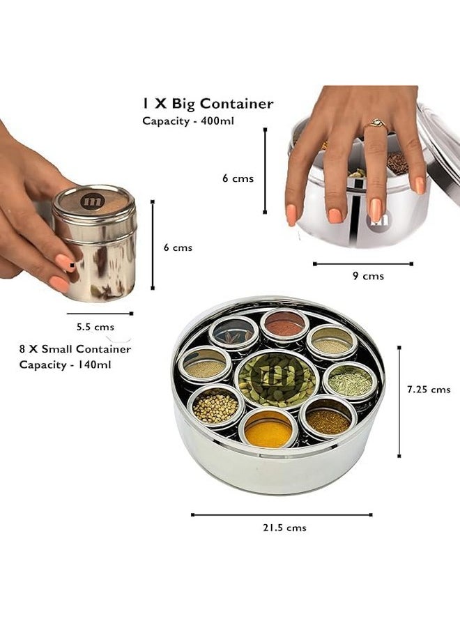 MARU MARU 9 in 1 Spice Box Stainless Steel stylish Extra Large | Masala Box for Kitchen Steel | Masala Dabba Steel | Masala Dani for Kitchen | See through lid 9 containers, 3 Spoons(22.5cms) Silver  - Image 2
