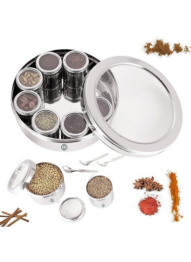 MARU MARU 9 in 1 Spice Box Stainless Steel stylish Extra Large | Masala Box for Kitchen Steel | Masala Dabba Steel | Masala Dani for Kitchen | See through lid 9 containers, 3 Spoons(22.5cms) Silver  - Image 1