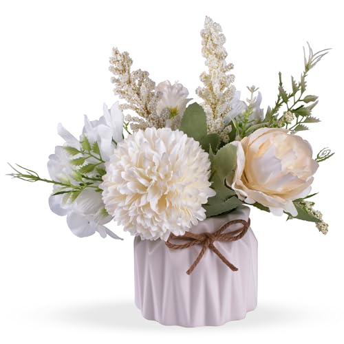 Artificial Potted Flowers White Small Ceramic Vase Fake Flower Plants Desktop Decoration Indoor for Home and Office Faux Flowers Hydrangea Decora for TableBookshelfBedroomLiving RoomWhite