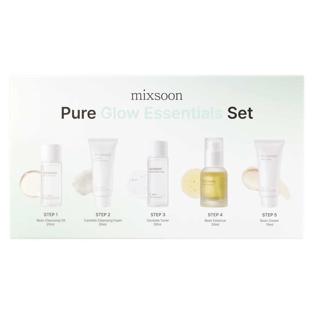 mixsoon Pure Glow Essentials Set - 5-Step Skincare Kit - Travel kit, Travel size kit, Hydrating Skincare Gift Set (15ml*1+20ml*3+30ml*1) Korean Glass Skin Care
