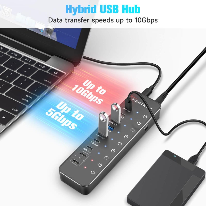 RSHTECH 10-Port Powered USB C Hub 66W with 3x10Gbps USB-3.2 Data Ports (2C + 1A), 4 USB 3.0 Ports (2C + 2A), 2 USB-C PD 45W Charging Ports and PD 100W, USB Expander Splitter for Laptop, RSH-ST10P - Image 3