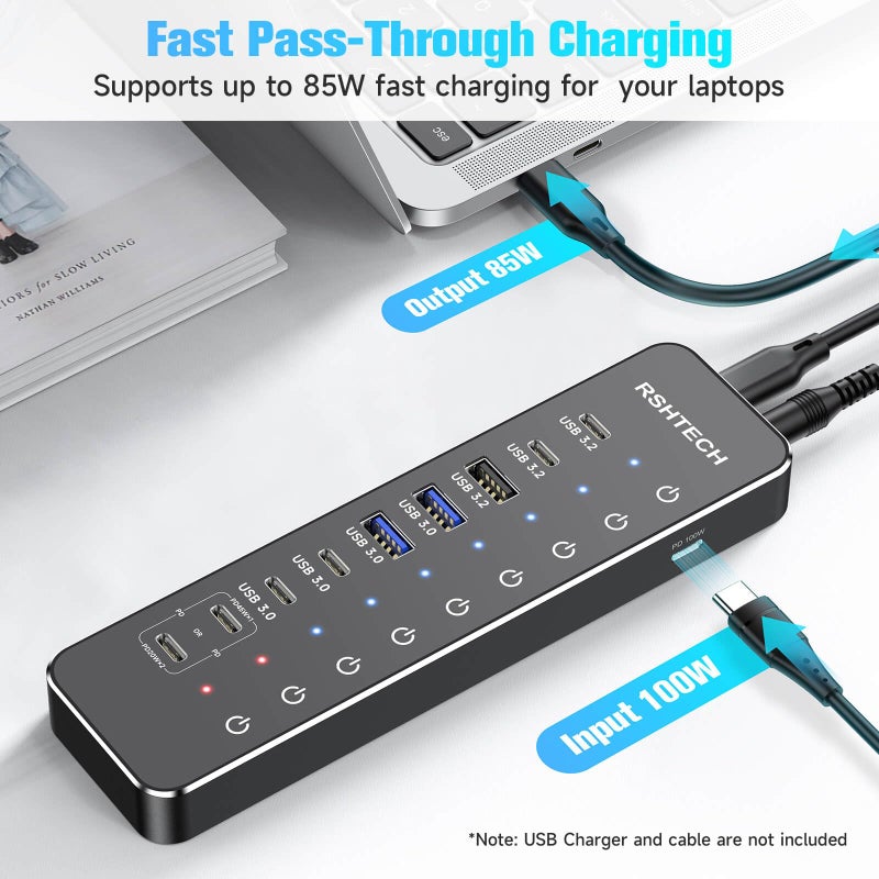 RSHTECH 10-Port Powered USB C Hub 66W with 3x10Gbps USB-3.2 Data Ports (2C + 1A), 4 USB 3.0 Ports (2C + 2A), 2 USB-C PD 45W Charging Ports and PD 100W, USB Expander Splitter for Laptop, RSH-ST10P - Image 5
