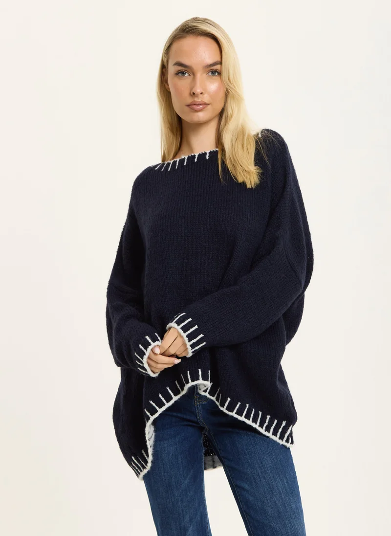 Liquorish Navy Wool Blend Jumper White Trim