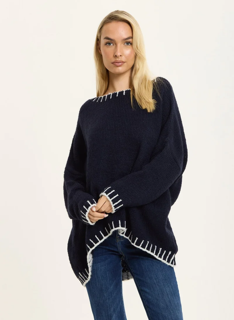 ليكوريش كنزة صوف كحلي بياقة بيضاء