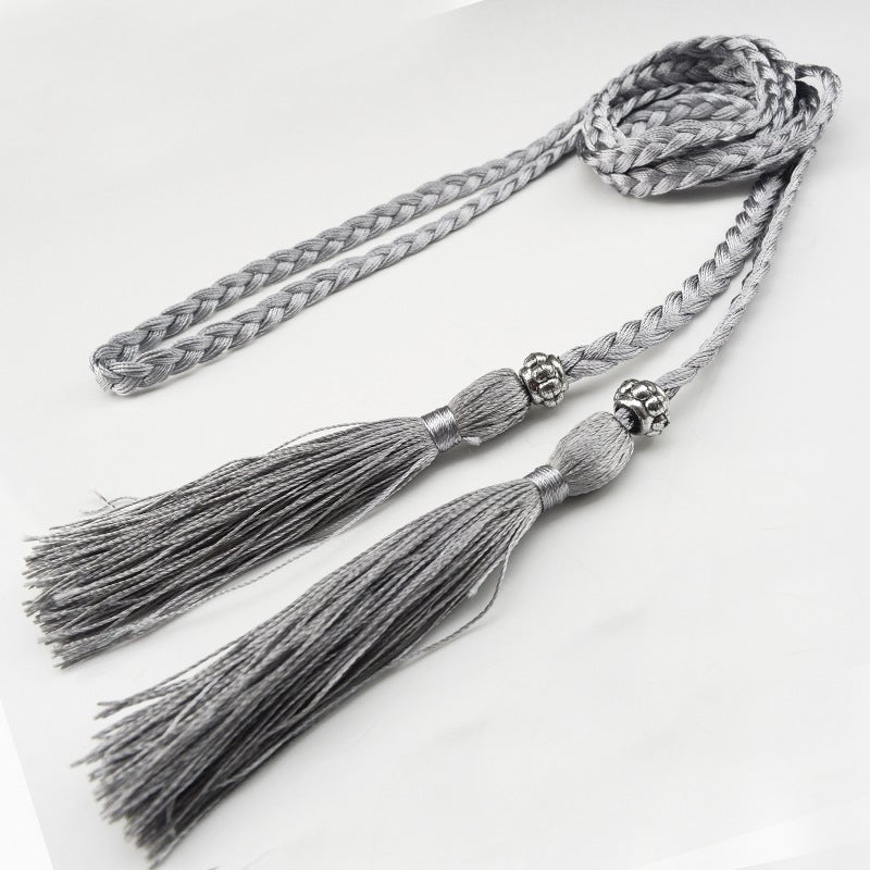 Braided Tassel Belt Ladies Skinny Butterfly Knot Silver 