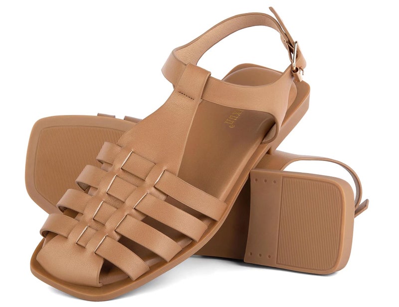 MaxMuxun Women's Flat Sandals Closed Toe Summer Roman Sandals Beach Sandals Square Toe Gladiator Outdoor Shoes Camel Size 6 - Image 1