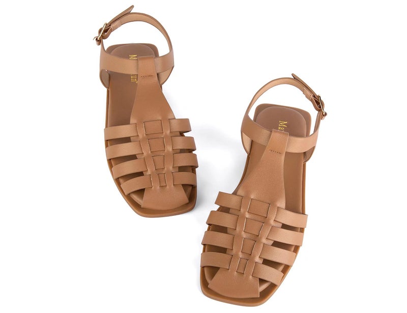 MaxMuxun Women's Flat Sandals Closed Toe Summer Roman Sandals Beach Sandals Square Toe Gladiator Outdoor Shoes Camel Size 6 - Image 3